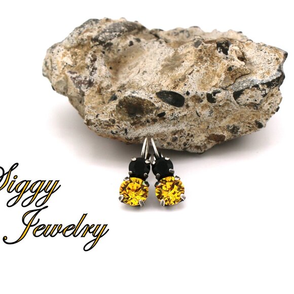 Double Drop Earrings made with Genuine Swarovski Crystals, Yellow and Black - Picture 4 of 8